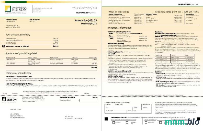 USA Southern California EDISON rachunek za media, Word i PDF template, 8 strony 1 2